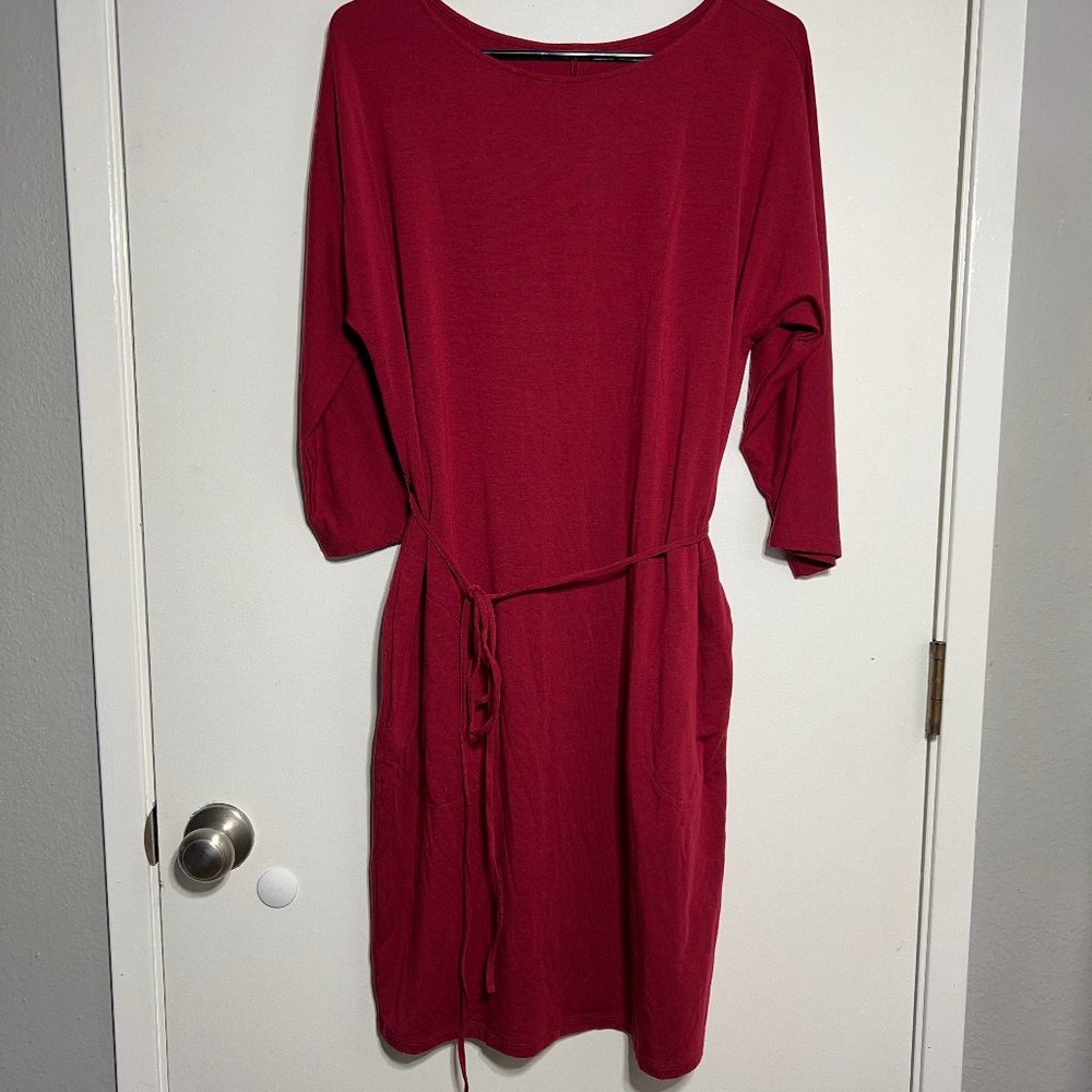 Garnet Hill Red Tencel Stretch 3/4 Sleeve Pockets Shift Dress Women's Size M